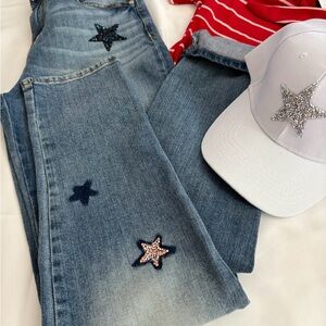 Jordache Slim BF Jeans Size 2 W28 Custom Star Rhinestone Denim W Bonus Match Hat